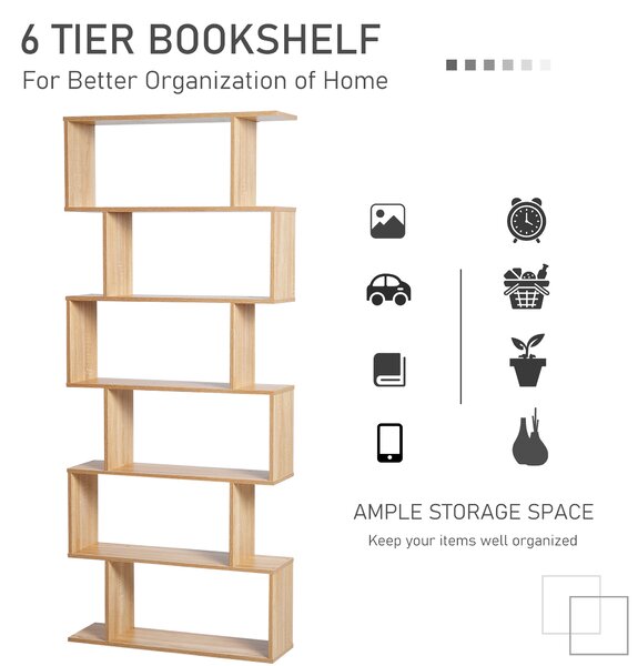 HOMCOM Serpentine Shelf: Oakwood Room Divider with 6 Shelves, Stylish Storage Solution Aosom UK