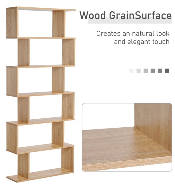 HOMCOM Serpentine Shelf: Oakwood Room Divider with 6 Shelves, Stylish Storage Solution Aosom UK