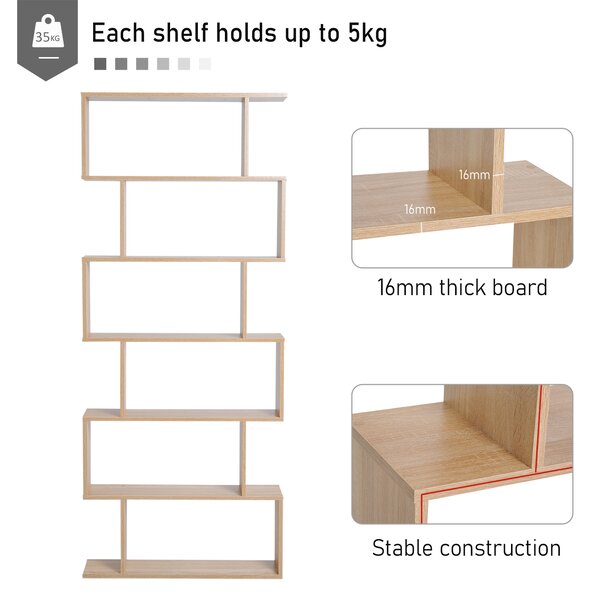 HOMCOM Serpentine Shelf: Oakwood Room Divider with 6 Shelves, Stylish Storage Solution Aosom UK