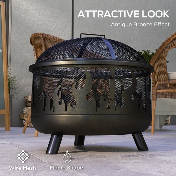 Outsunny Fire Pit Bowl: 2-In-1 Metal Round Firepit with Lid, Grill, Poker for Camping, BBQ, Bonfires, Black Aosom UK