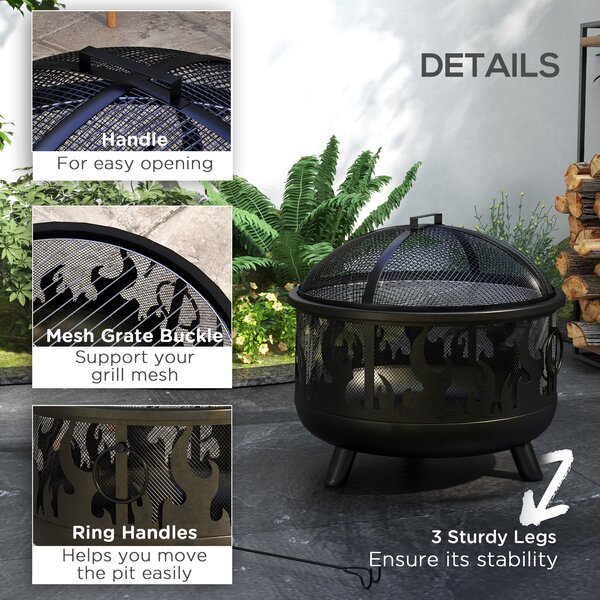 Outsunny Fire Pit Bowl: 2-In-1 Metal Round Firepit with Lid, Grill, Poker for Camping, BBQ, Bonfires, Black Aosom UK