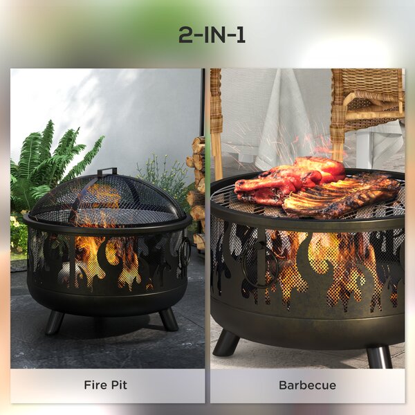 Outsunny Fire Pit Bowl: 2-In-1 Metal Round Firepit with Lid, Grill, Poker for Camping, BBQ, Bonfires, Black Aosom UK