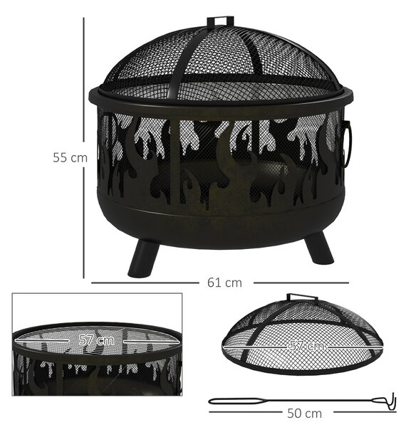 Outsunny Fire Pit Bowl: 2-In-1 Metal Round Firepit with Lid, Grill, Poker for Camping, BBQ, Bonfires, Black Aosom UK