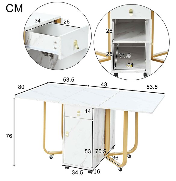 Folding Extendable Dining Table with Cupboard and 2 Drawers, Space-Saving Utility Table with Castors and Adjustable Legs, White/Gold Aosom UK