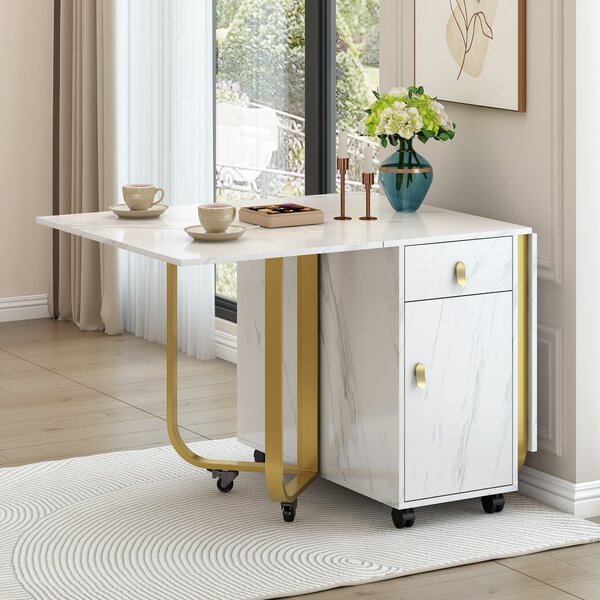 Folding Extendable Dining Table with Cupboard and 2 Drawers, Space-Saving Utility Table with Castors and Adjustable Legs, White/Gold Aosom UK