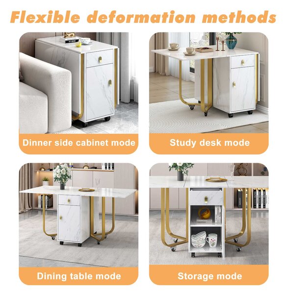 Folding Extendable Dining Table with Cupboard and 2 Drawers, Space-Saving Utility Table with Castors and Adjustable Legs, White/Gold Aosom UK