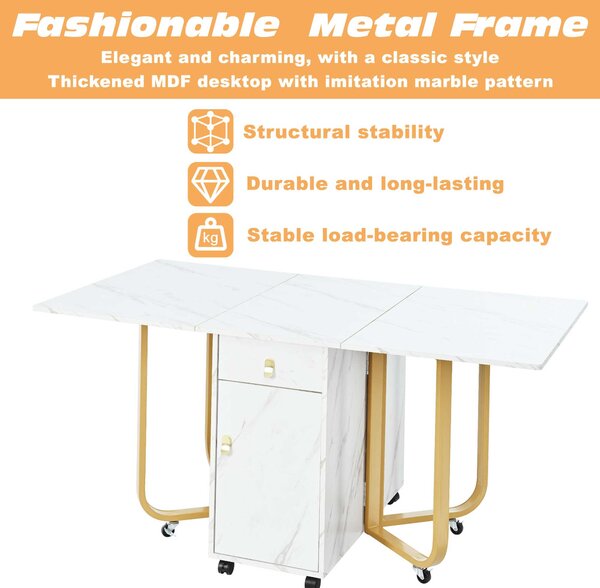 Folding Extendable Dining Table with Cupboard and 2 Drawers, Space-Saving Utility Table with Castors and Adjustable Legs, White/Gold Aosom UK