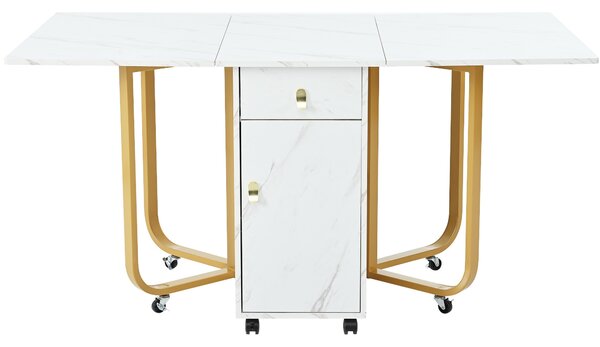 Folding Extendable Dining Table with Cupboard and 2 Drawers, Space-Saving Utility Table with Castors and Adjustable Legs, White/Gold Aosom UK