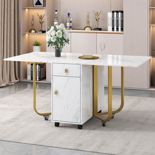 Folding Extendable Dining Table with Cupboard and 2 Drawers, Space-Saving Utility Table with Castors and Adjustable Legs, White/Gold Aosom UK