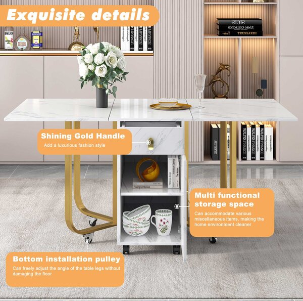 Folding Extendable Dining Table with Cupboard and 2 Drawers, Space-Saving Utility Table with Castors and Adjustable Legs, White/Gold Aosom UK