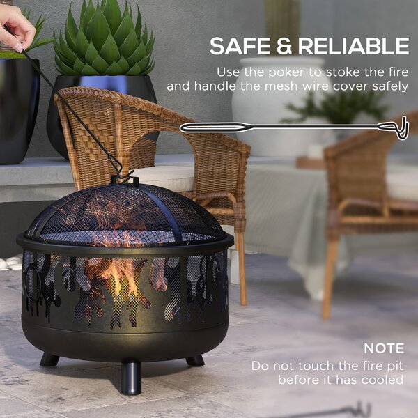 Outsunny Fire Pit Bowl: 2-In-1 Metal Round Firepit with Lid, Grill, Poker for Camping, BBQ, Bonfires, Black Aosom UK