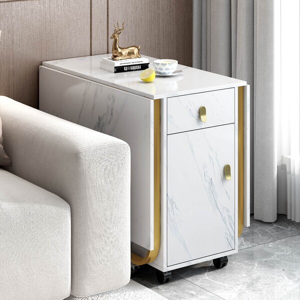 Folding Extendable Dining Table with Cupboard and 2 Drawers, Space-Saving Utility Table with Castors and Adjustable Legs, White/Gold Aosom UK