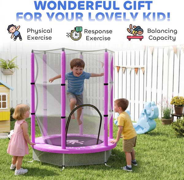 AIYAPLAY 4.6FT Toddler Trampoline w/ Safety Enclosure Net, for Indoor Outdoor Use, Ages 3-6 Years, Octopus Pattern - Purple