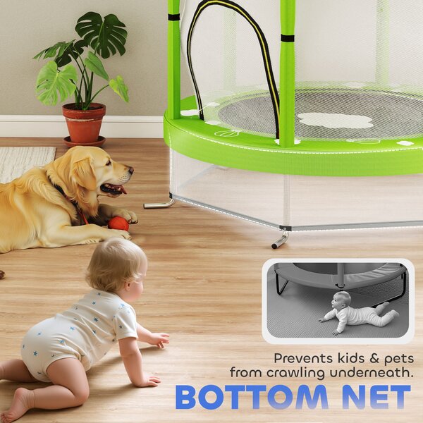 AIYAPLAY 4.6FT Toddler Trampoline w/ Safety Enclosure Net, for Indoor Outdoor Use, Ages 3-6 Years, Cloud Pattern - Green