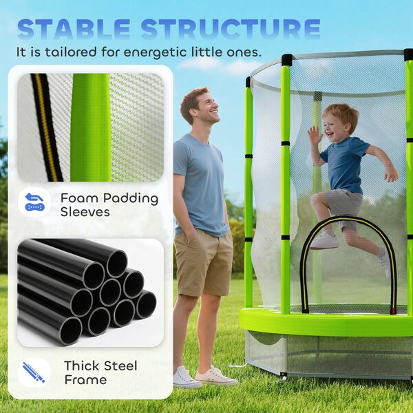 AIYAPLAY 4.6FT Toddler Trampoline w/ Safety Enclosure Net, for Indoor Outdoor Use, Ages 3-6 Years, Cloud Pattern - Green