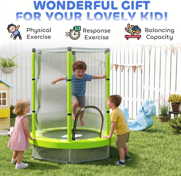 AIYAPLAY 4.6FT Toddler Trampoline w/ Safety Enclosure Net, for Indoor Outdoor Use, Ages 3-6 Years, Cloud Pattern - Green