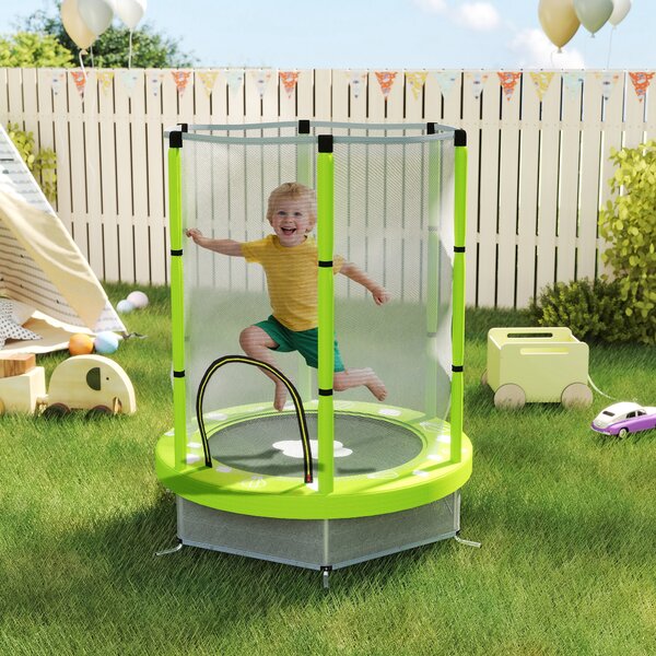 AIYAPLAY 4.6FT Toddler Trampoline w/ Safety Enclosure Net, for Indoor Outdoor Use, Ages 3-6 Years, Cloud Pattern - Green