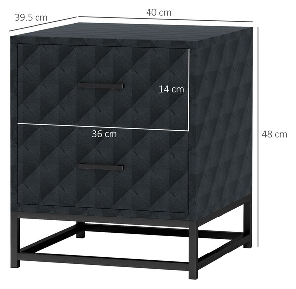 HOMCOM Bedside Tables Set of 2, Modern Bedside Table Nightstand with 2 Drawers, Bedside Cabinet Sofa Side Table with Storage, Steel Legs for Bedroom, Living Room, Black