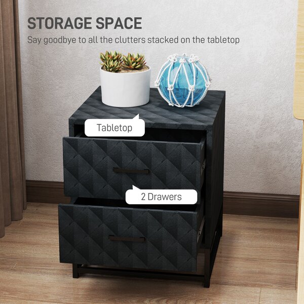 HOMCOM Bedside Tables Set of 2, Modern Bedside Table Nightstand with 2 Drawers, Bedside Cabinet Sofa Side Table with Storage, Steel Legs for Bedroom, Living Room, Black