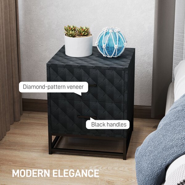 HOMCOM Bedside Tables Set of 2, Modern Bedside Table Nightstand with 2 Drawers, Bedside Cabinet Sofa Side Table with Storage, Steel Legs for Bedroom, Living Room, Black