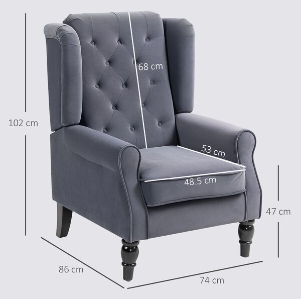 HOMCOM Wingback Accent Chair, Retro Upholstered Button Tufted Occasional Chair for Living Room and Bedroom, Charcoal Grey