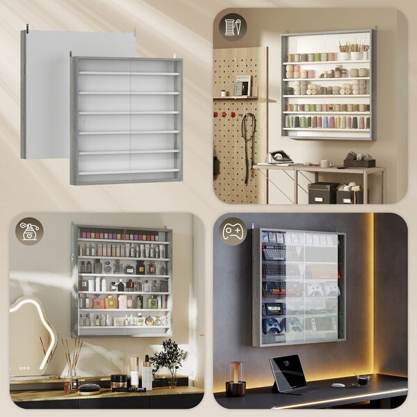 HOMCOM Six Shelf Display Cabinet, with Glass Doors - Graphite Wood Effect