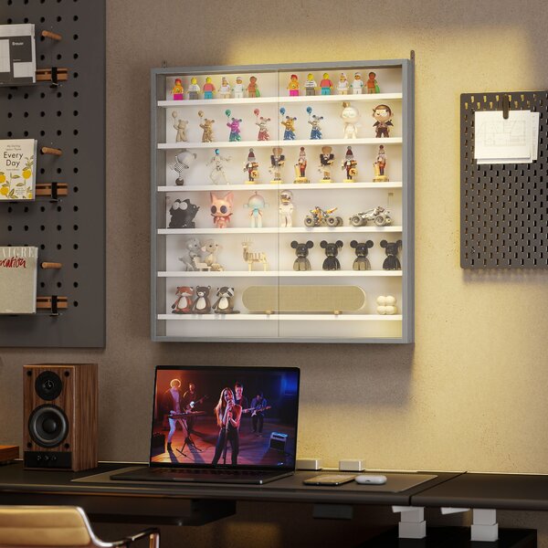 HOMCOM Six Shelf Display Cabinet, with Glass Doors - Graphite Wood Effect