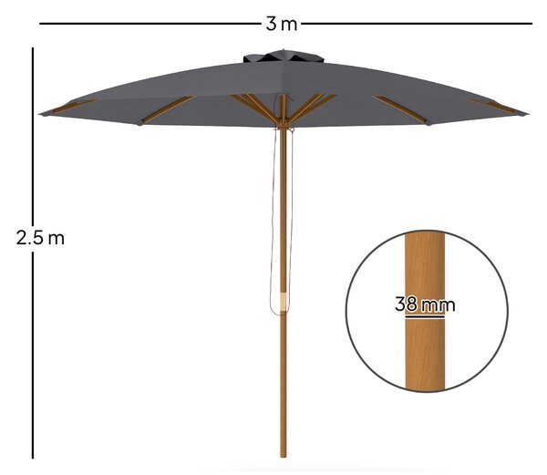 Outsunny 3(m) Wooden Patio Umbrella - Dark Grey