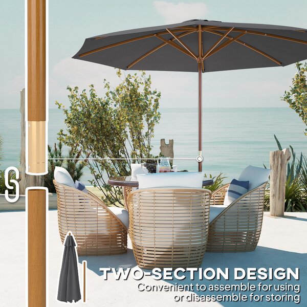 Outsunny 3(m) Wooden Patio Umbrella - Dark Grey