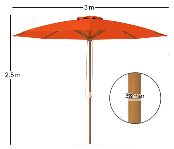 Outsunny 3(m) Wooden Patio Umbrella - Orange