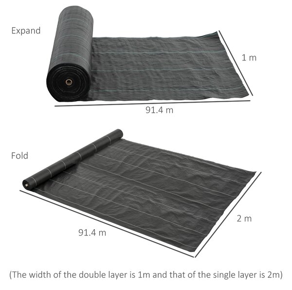 Outsunny 2m x 90m Weed Control Membrane, Heavy Duty Weed Control Barrier Fabric, 90gsm Ground Cover for Patios, Garden, Flower beds, Landscaping