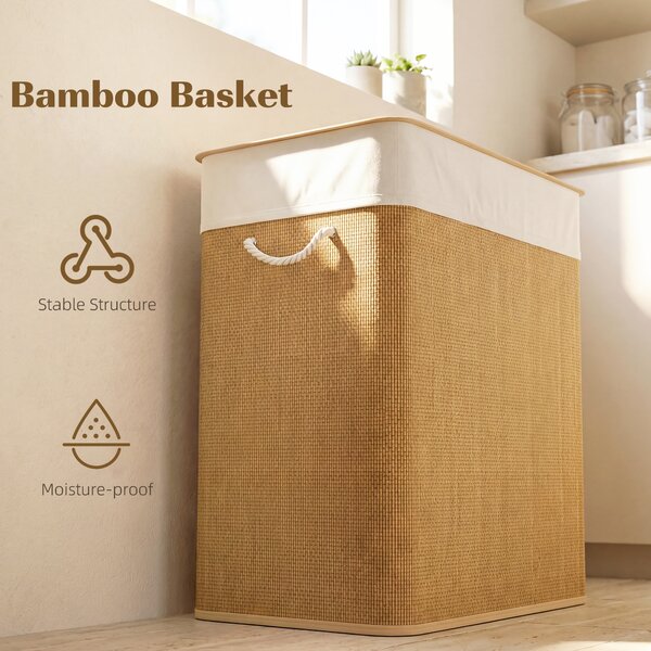 HOMCOM Double Laundry Basket with Lid, 100L Bamboo Laundry Hamper with Rope Handles, Washing Basket with Removable Liner for Bathroom, Bedroom, Brown