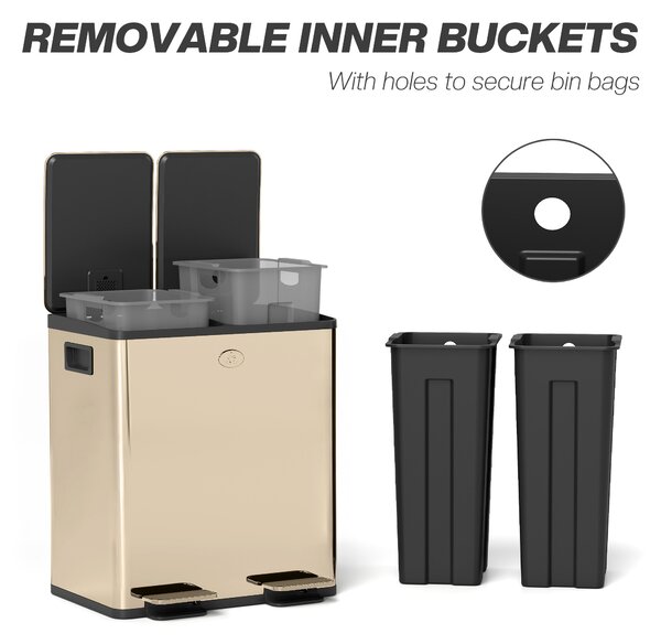 HOMCOM 40L Dual Compartment Stainless Steel Bin, with Deodoriser Holders - Gold Tone