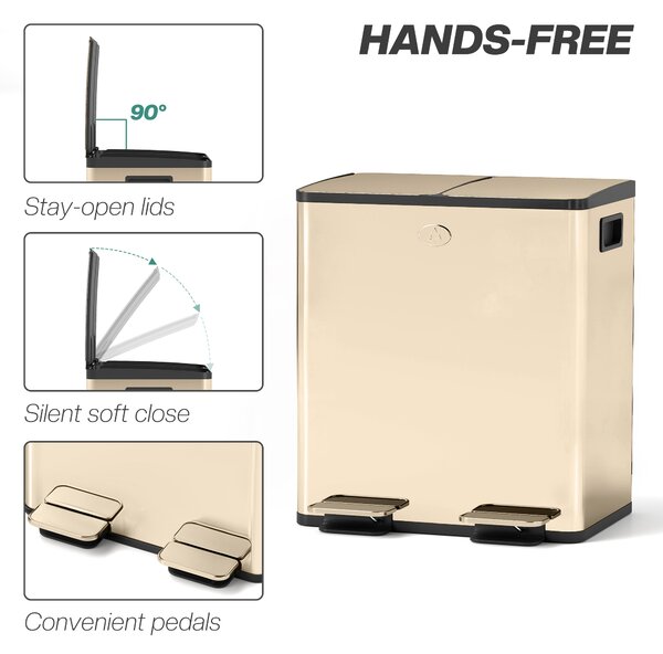 HOMCOM 40L Dual Compartment Stainless Steel Bin, with Deodoriser Holders - Gold Tone