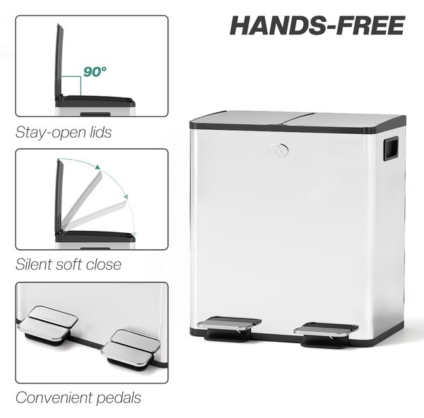 HOMCOM 40L Dual Compartment Stainless Steel Bin, with Deodoriser Holders - Silver Tone