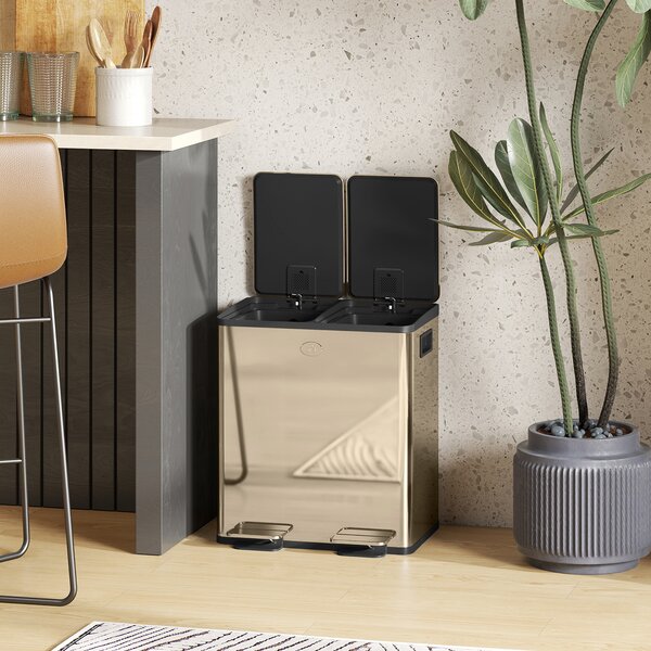 HOMCOM 40L Dual Compartment Stainless Steel Bin, with Deodoriser Holders - Gold Tone