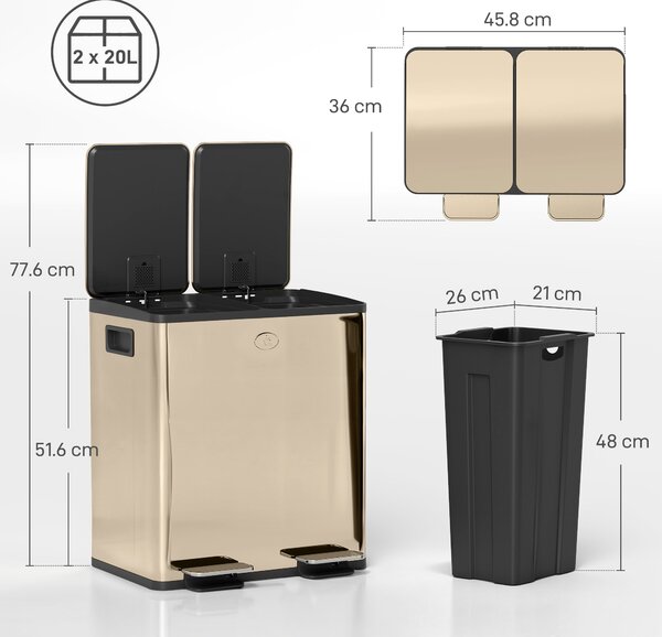 HOMCOM 40L Dual Compartment Stainless Steel Bin, with Deodoriser Holders - Gold Tone