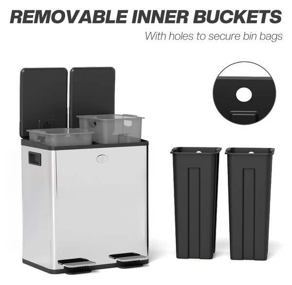 HOMCOM 40L Dual Compartment Stainless Steel Bin, with Deodoriser Holders - Silver Tone
