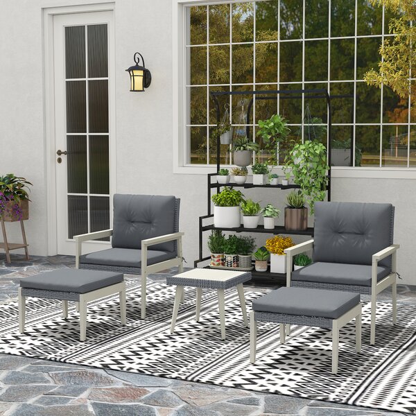 Outsunny 5 Pieces Rattan Garden Furniture Set, Patio Conversation Set with Cushions, Acacia Wood Top Coffee Table and Footstools, Outdoor Table and Chairs for Balcony, Terrace and Conservatory, Grey