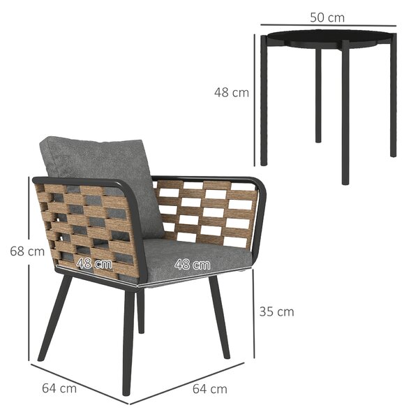 Outsunny 3 Pieces Rattan Bistro Set with Washable Seat and Back Cushions, Glass Top Coffee Table, for Outdoor, Patio, Black