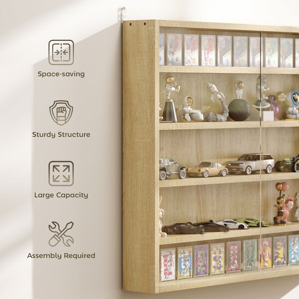 HOMCOM 5-Tier Wall Display Shelf Unit Cabinet w/ 4 Adjustable Shelves Glass Doors Home Office Ornaments 60x80cm Oak Aosom UK