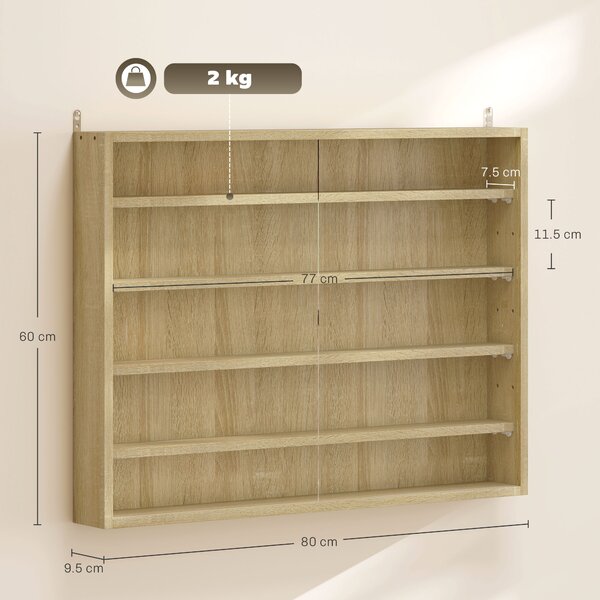HOMCOM 5-Tier Wall Display Shelf Unit Cabinet w/ 4 Adjustable Shelves Glass Doors Home Office Ornaments 60x80cm Oak Aosom UK