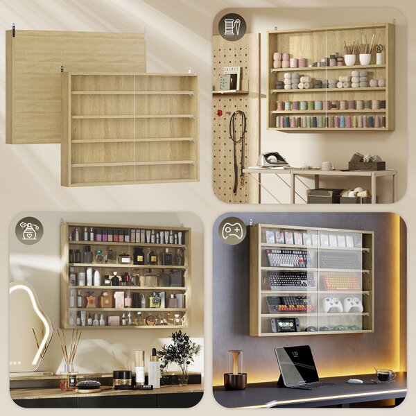 HOMCOM 5-Tier Wall Display Shelf Unit Cabinet w/ 4 Adjustable Shelves Glass Doors Home Office Ornaments 60x80cm Oak Aosom UK