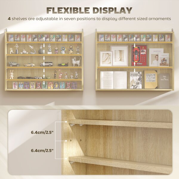 HOMCOM 5-Tier Wall Display Shelf Unit Cabinet w/ 4 Adjustable Shelves Glass Doors Home Office Ornaments 60x80cm Oak Aosom UK
