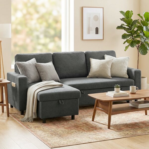 HOMCOM Pull Out Sofa Bed Linen-look Upholstery with Storage, 3 Seater Sofa Bed with Reversible Chaise and Side Pockets, Charcoal Grey Aosom UK