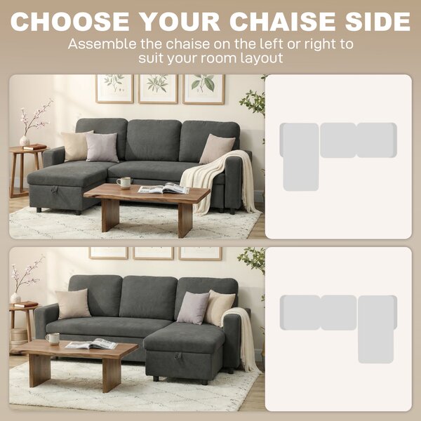 HOMCOM Pull Out Sofa Bed Linen-look Upholstery with Storage, 3 Seater Sofa Bed with Reversible Chaise and Side Pockets, Charcoal Grey Aosom UK