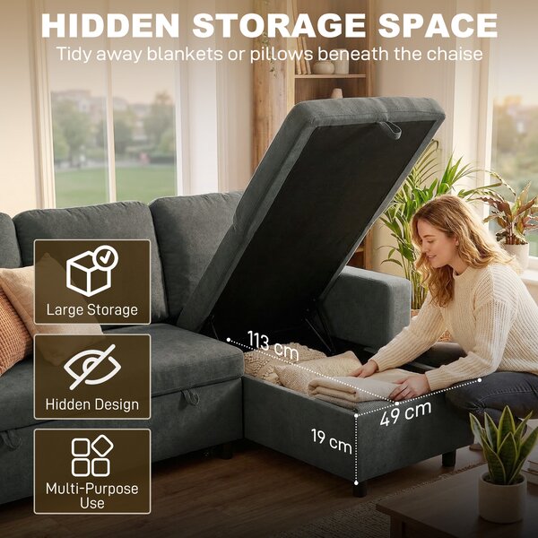 HOMCOM Pull Out Sofa Bed Linen-look Upholstery with Storage, 3 Seater Sofa Bed with Reversible Chaise and Side Pockets, Charcoal Grey Aosom UK
