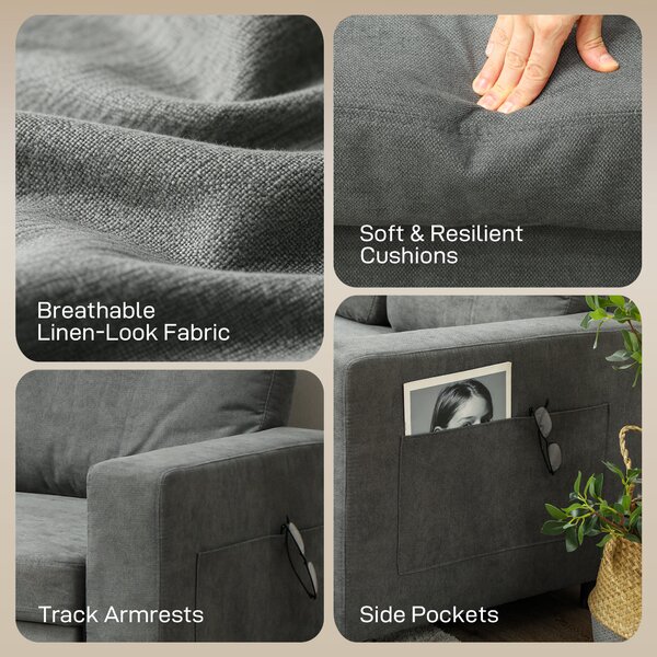 HOMCOM Pull Out Sofa Bed Linen-look Upholstery with Storage, 3 Seater Sofa Bed with Reversible Chaise and Side Pockets, Charcoal Grey Aosom UK