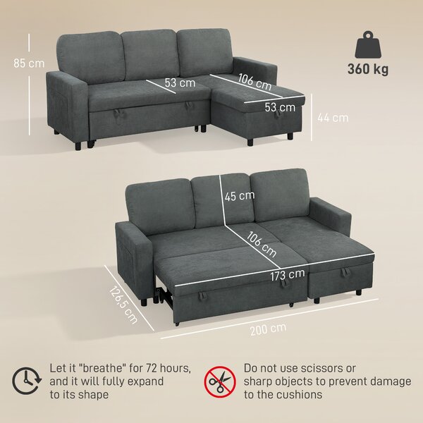 HOMCOM Pull Out Sofa Bed Linen-look Upholstery with Storage, 3 Seater Sofa Bed with Reversible Chaise and Side Pockets, Charcoal Grey Aosom UK