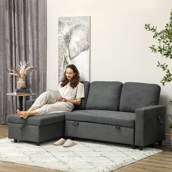 HOMCOM Pull Out Sofa Bed Linen-look Upholstery with Storage, 3 Seater Sofa Bed with Reversible Chaise and Side Pockets, Charcoal Grey Aosom UK